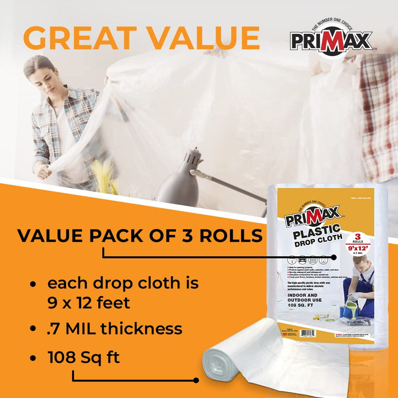 PRIMAX Clear Plastic Drop Cloth 9x12 ft (3 Pack) – Waterproof Painters Plastic Sheeting for Painting, Furniture Covers & Dust Protection – Easy Cleanup, Mess-Free Solution for Painting or Renovations 9' x 12' - 3 pack
