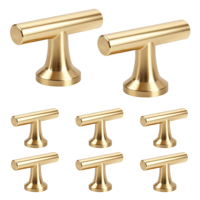 Premium Brushed Satin Gold T-Bar Drawer Pulls 6 Pack, Matte Anti-Fingerprint Solid Zinc Alloy for Kitchen, Bathroom Vanity, Dresser, Wardrobe Matte Brushed Gold
