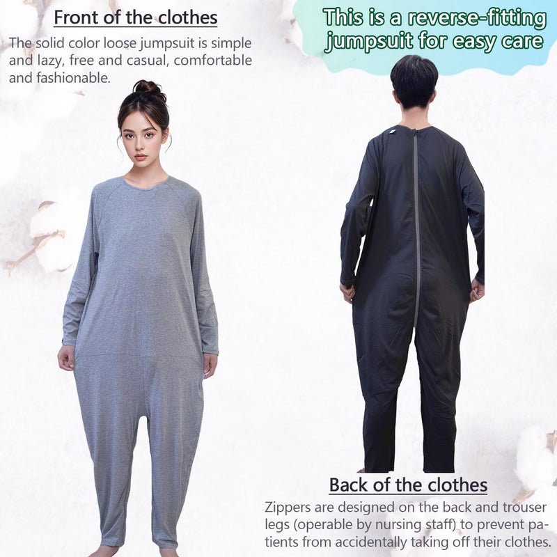 Unisex Anti-Strip and Tear-Resistant Adaptive Jumpsuit with Back and Leg Zipper,One-piece Long-Sleeved Trousers,Suitable for Seniors,Incontinence Care,Dementia,Alzheimer’s Patients(Black XL) Black X-Large