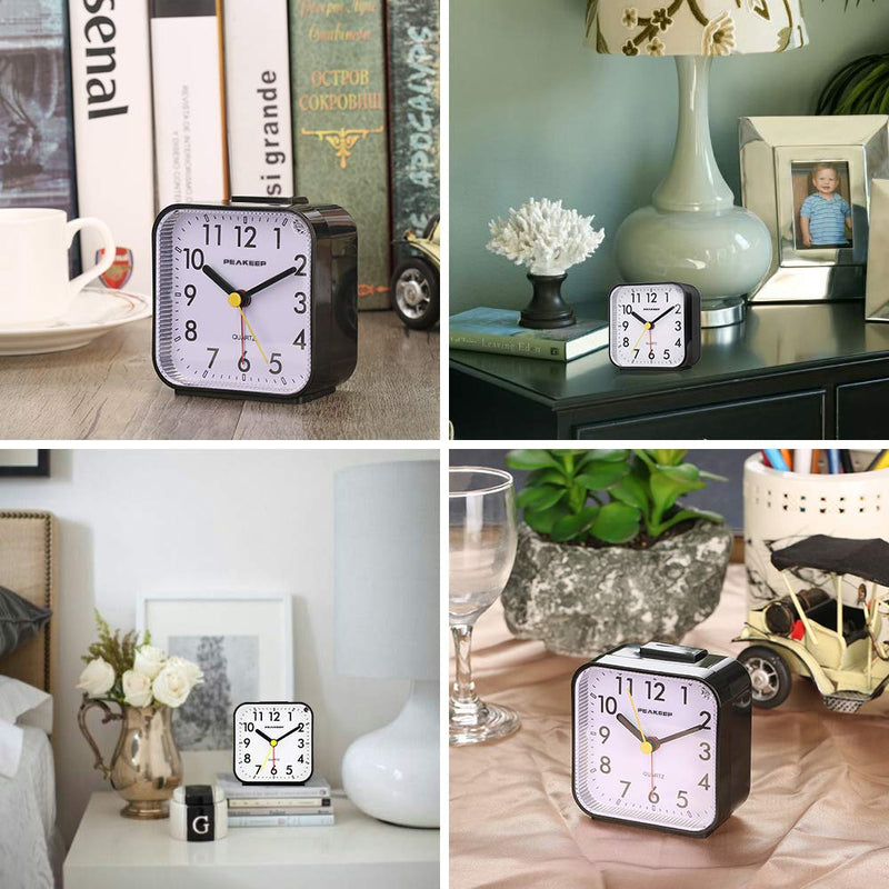 Peakeep Small Battery Operated Analog Travel Alarm Clock Silent No Ticking, Lighted on Demand and Snooze, Beep Sounds, Gentle Wake, Ascending Alarm, Easy Set (Black) Black