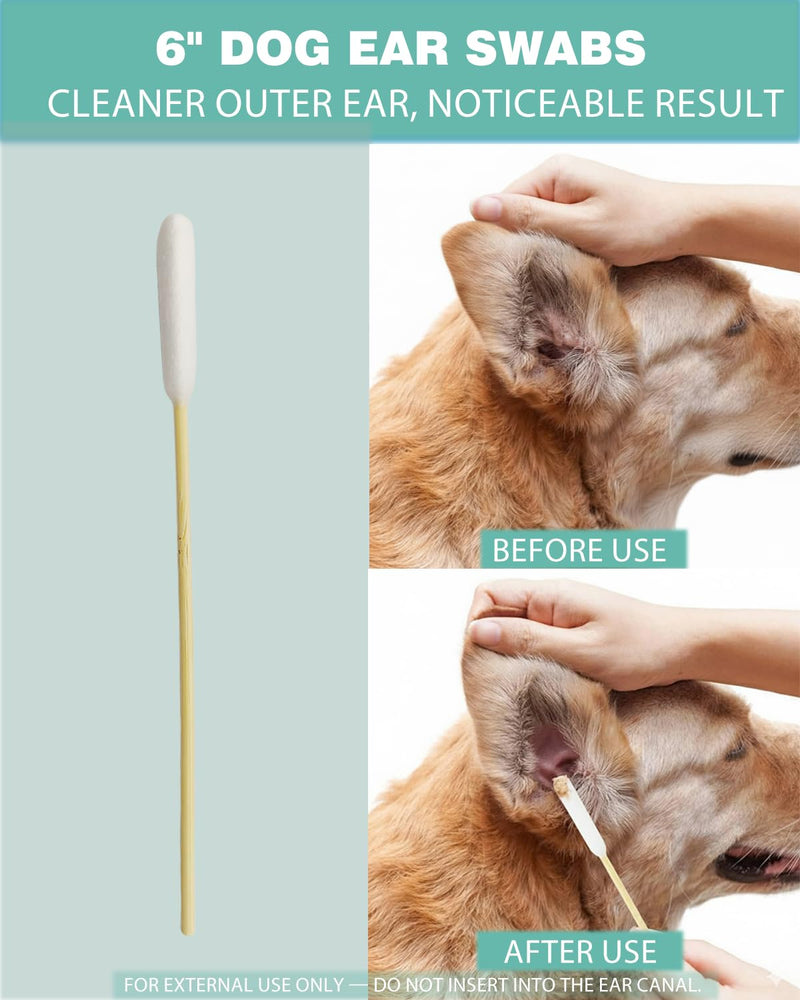 Dog Ear Cleaning Swabs 200 Count – 6 Inch Extra Long Bamboo Cotton Swabs for Dogs & Cats, Large Lint-Free Cotton Tipped Applicators for Ear Wax Removal, Tear Stains & Grooming 6" - 200 Ct (Large Box)