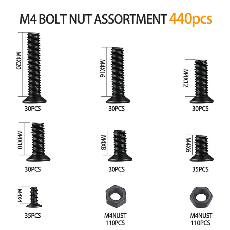 440 Pcs M4 Countersunk Head Phillips Screws and Hex Nuts Assortment Kit, Black Flat Head Screws Machine Screws Bolts and Nuts Set, M4 x 4mm/6mm/8mm/10mm/12mm/16mm/20mm M4-440
