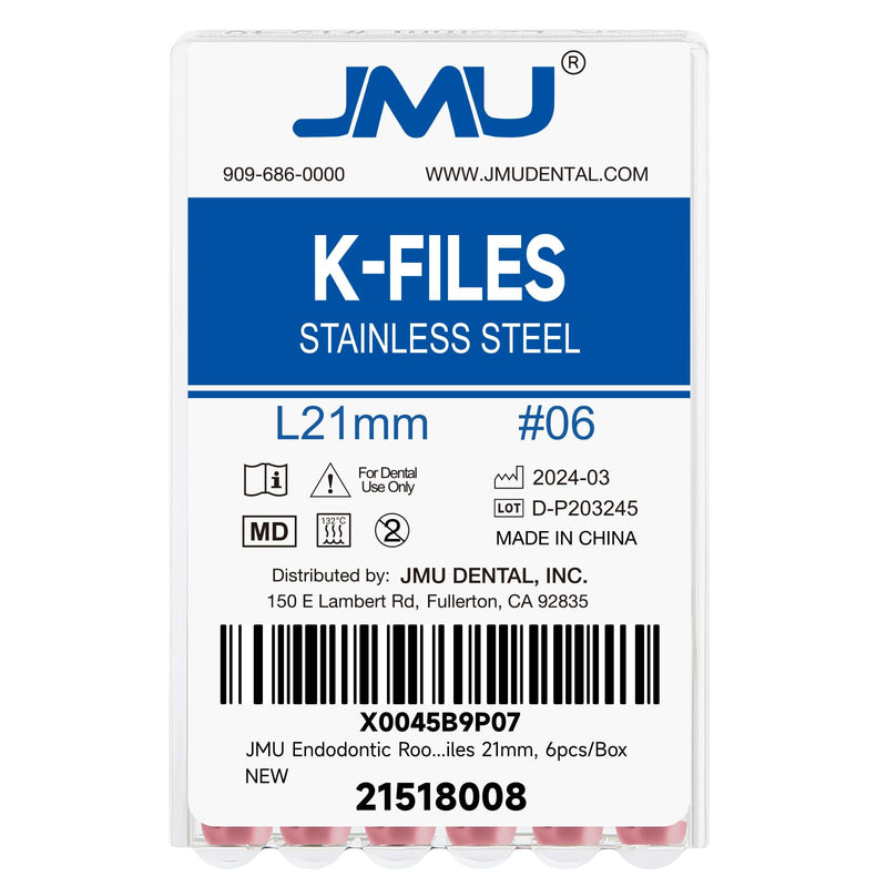 JMU Endodontic Root Canal K Files, #06 Stainless Steel Hand Use K-Files 21mm, 6pcs/Box #06 (21mm) 1