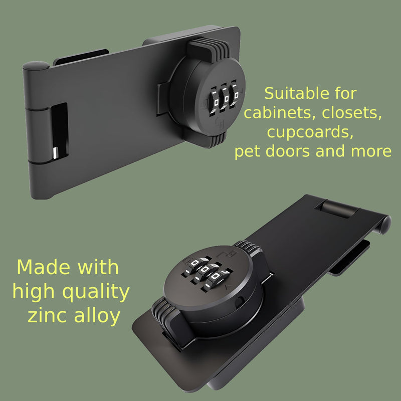 Keyless Combination Lock 3-Digit Combination Lock for Doors Twist Knob Hasp Latch Lock with Password Code Zinc Alloy Door Latch for Kitchen Drawers, Cabinets, Cupboard (Black) Black