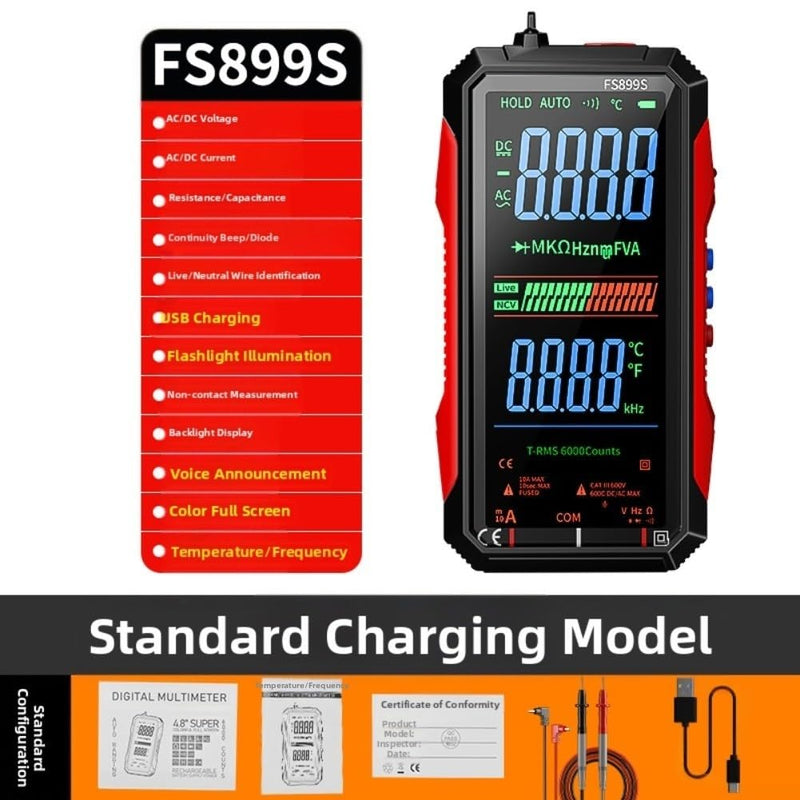 FS899S Digital Multimeter Tester, USB Rechargeable Smart Auto Ranging Multimeter, Measure AC/DC Current/Voltage, Capacity, Continuity, Resistance, Frequency, Non-Contact Voltage (NCV)(FS899S+Bag) FS899S+bag