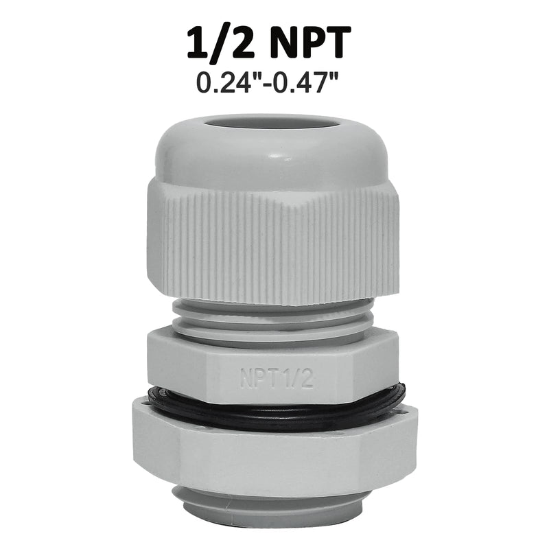 10 Pcs 1/2" NPT Nylon Cable Glands, IP68 Waterproof Adjustable Cord Grip Cable Connector Strain Relief Wire Protectors for 6-12mm Cable Diameter, Grey 1/2" NPT(10 Pcs)