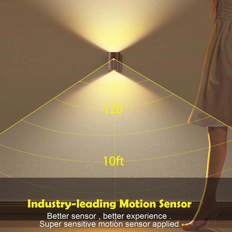 LANDGOO Intelligent Linkage LED Step Lights Wall Lamp, 2700-3000K Wooden Motion Sensor Stairs Night Light, Rechargeable for Stairs Hallway(Walnut Wood 2ps) Walnut Wood 2ps