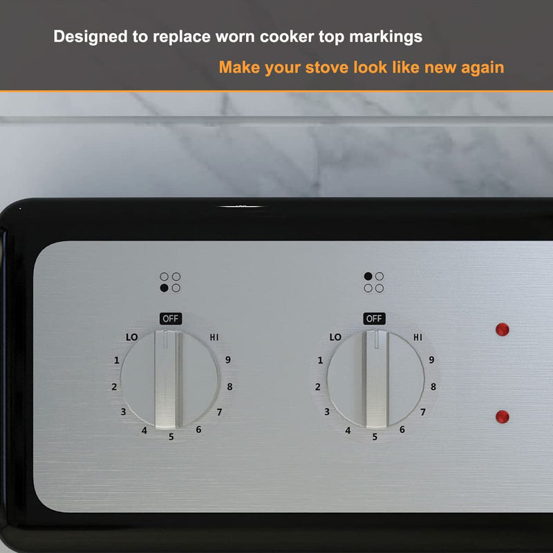 MANWU 6 Stove dials Sticker for Burner cooktop hob Cooker top Oven Replacement Adhesive knob Symbols (Black Print ON Clear for Silver, White or Light Coloured Cooker Tops)