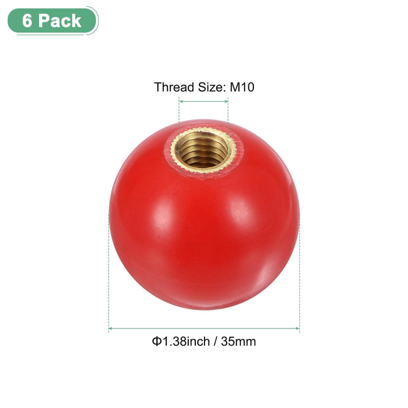 6-Pack Threaded Ball Knobs, M10 Female Thread 35mm Dia. Thermoset Ball Knob for Lathe/Machine/Lawn Mowers, Round Phenolic Brass Insert Lever Handle [Red] M10x35mm Red