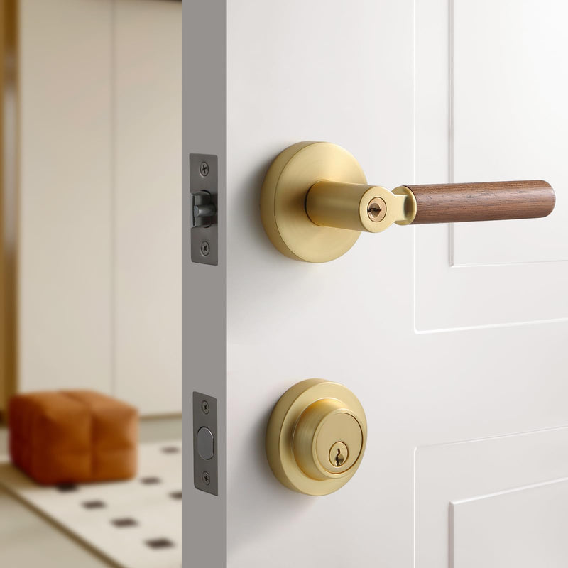 YAGU Wooden Round Entry Lever Door Handle and Single Cylinder Deadbolt Locking Lever Handle Set Pack of 1 [Front Door or Office] Right & Left Sided Doors Heavy Duty – Satin Brass Finish 1 Pack Entry & Deadbolt Combo