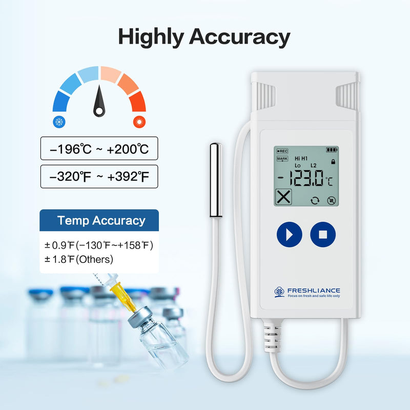 Freshliance Ultra Low Temperature Data Logger, Reusable Temperature Recorder with High Accuracy External Probe, Configurable USB Temperature Monitor 35000 Points with PDF CSV Report, Atlas Log-200 Atlas Log -200