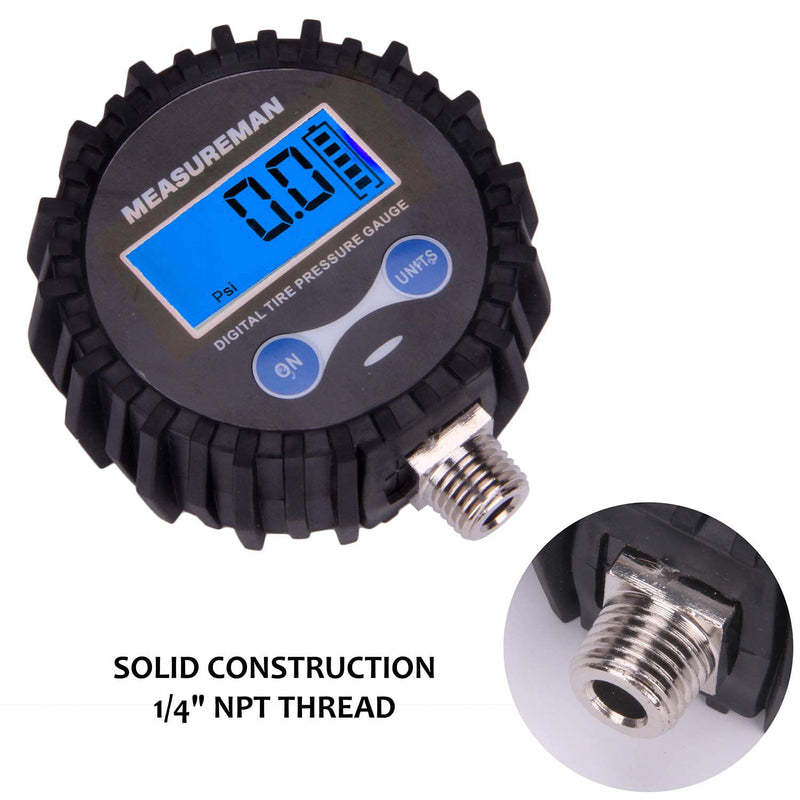 MEASUREMAN 2-1/2" Dial Size Digital Air Pressure Gauge with 1/4'' NPT Bottom Connector and Protective Boot, 0-200psi, Accuracy 1%, Battery Powered with LED Light Short thread