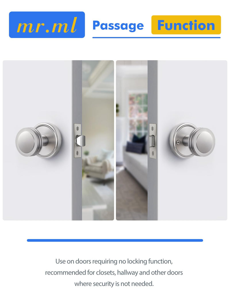 Passage Door Knob Closet Brushed Nickel Door Knobs, Hall Hallway Kitchen Pantry Interior Door Knob, Brushed Silver Door Handle, 1 Pack Passage
