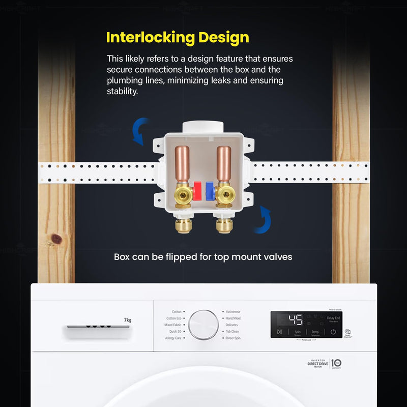 Highcraft Washing Machine Outlet Box Compact Universal Utitliy Outlet Valve Box for Ice Makers, Gas Valves, Air Admittance Valves and Washing Machine, 1/2" Push Fit Connection with Hammer Arrestor