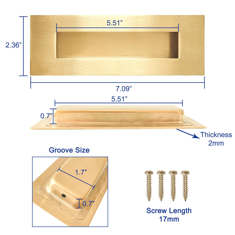 Recessed Finger Flush Pulls - Hadnles Fit Wardrobe Doors, Pocket Doors, Sliding Barn Doors, Bifold Doors and More Stainless Steel Brushed Rectangular Door Pull Hardware (7 INCH, Gold - 4 Pack) 7 Inch