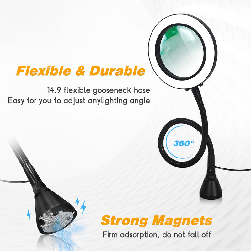 Soldering Magnifying Glass Helping Hands Magnifier, Magnetic Magnifier Lamp with 3 Color Modes, Flexible Gooseneck 5X Magnifying Glass Lamp for Helping Hands Soldering Station Solder Electronics