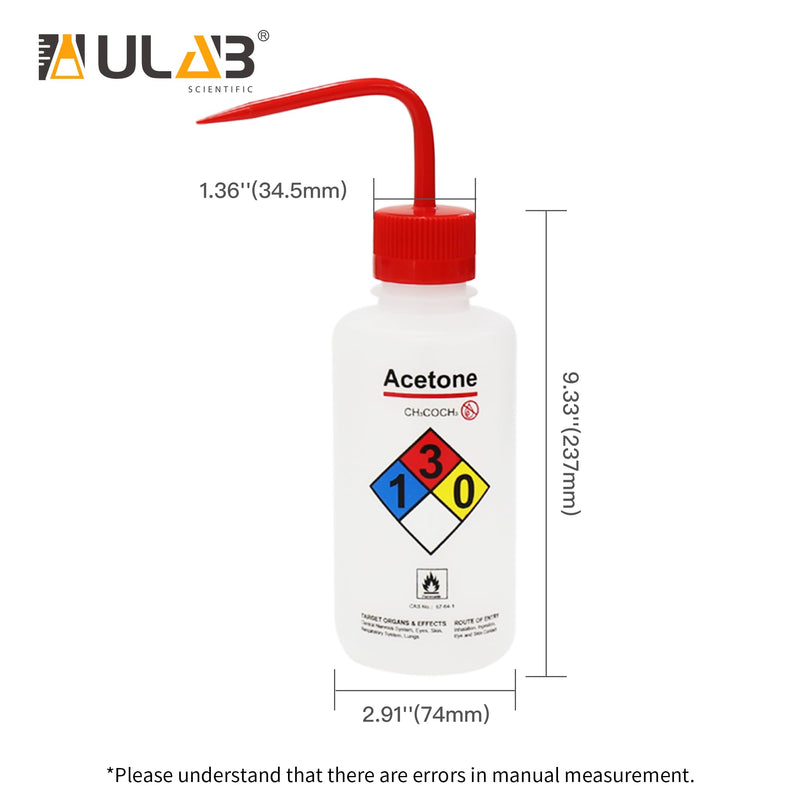 ULAB Safety Wash Bottles, 4pcs of Acetone Wide-Mouth Wash Bottles, LDPE Material, Vol.500ml, UWB1022 4pcs, Acetone Label