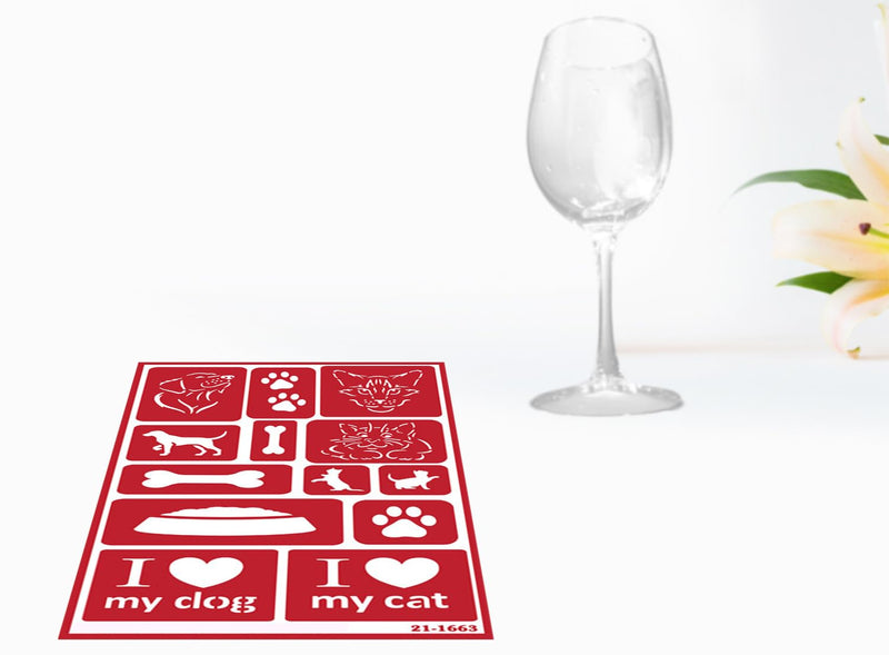 3 Reusable Glass Etching Stencils - Farmhouse, Farm Animal, Pets, Forest, Tree Theme - Designs: Rooster, Chicken, Cow, Pig, Dog, Cat, Paw - Set Includes Brush, Total 4 Items