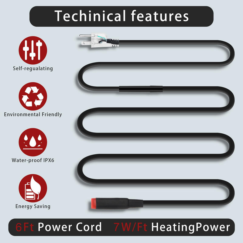 6FT Heat Tape for Water Pipes Freeze Protection 7W/FT 112V BDDFOTO Water Pipe Heat Cable,Self-Regulating Pipe Heater for Roof/RV/Water Storage Tank 6 FT