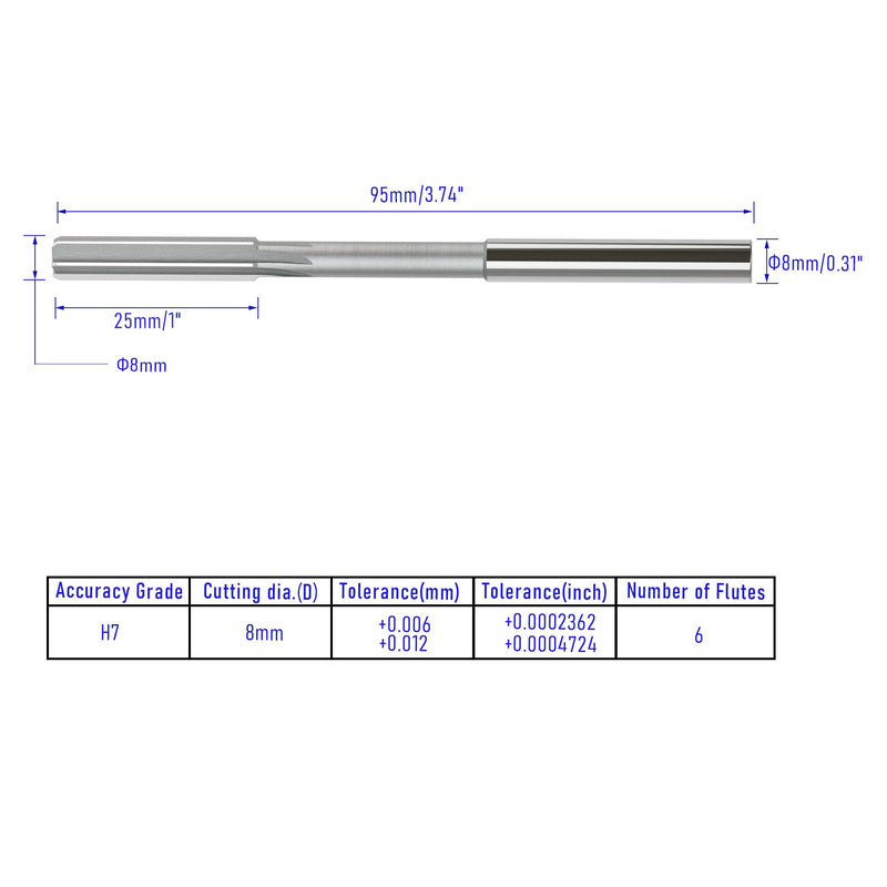Chucking Reamer 8mm, H7 HSS Cobalt M35 Lathe Machine Reamer Metric, 6 Straight Flutes, Round Straight Shank Milling Cutting Tool, for Stainless Steel Alloy Copper Metal