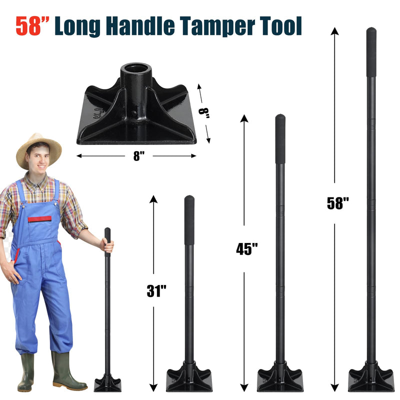 Steel Tamper Tool, Heavy Duty Garden Ground Steel Tamper Tool Kit Long Handle 58 Inch, 8x8” Square Dirt Hand Tamper Landscaping Garden Tools for Leaving Soil, Sand, Gravel, Asphalt, Driveway