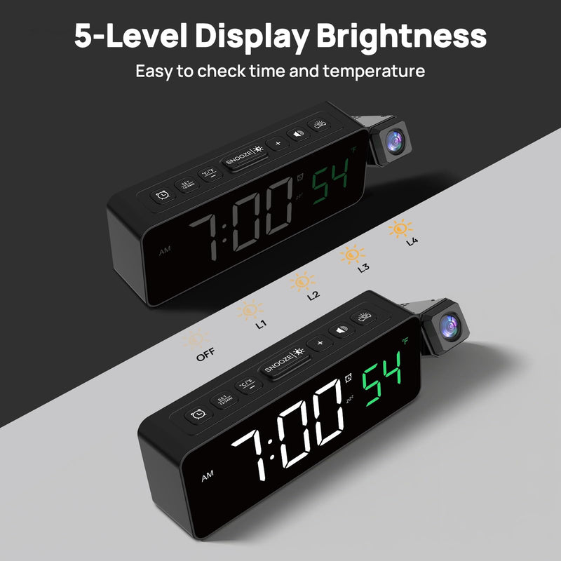 Netzu Projection Alarm Clock for Bedroom Ceiling, Small Compact Plug-in Digital Clocks with 180° Rotatable Projector, Temperature 4 Levels Birghtness, 3 Volumes and Snooze (Black) Black