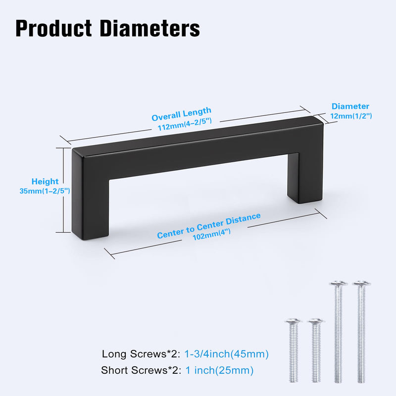 KNOBWELL 6 Pack 4 inch Black Kitchen Cabinet, Stainless Steel Cupboard Door Handles Pulls for Vanity Chest Nightstand Drawer Dresser - Hole Distance 4", Overall Length 4-1/2" Hole Center:4 inch(102mm)