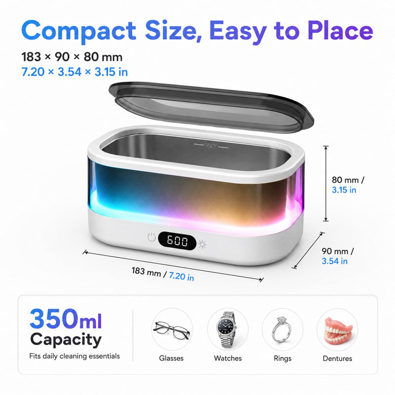 Ultrasonic Jewelry Cleaner, 48kHz Ultrasonic Cleaner Machine for Jewelry, Eyeglasses, Rings, Dentures, Watch Bands, 7-Color Flowing LED Light, 304 Stainless Steel, Digital Timer, Dual Cleaning Modes