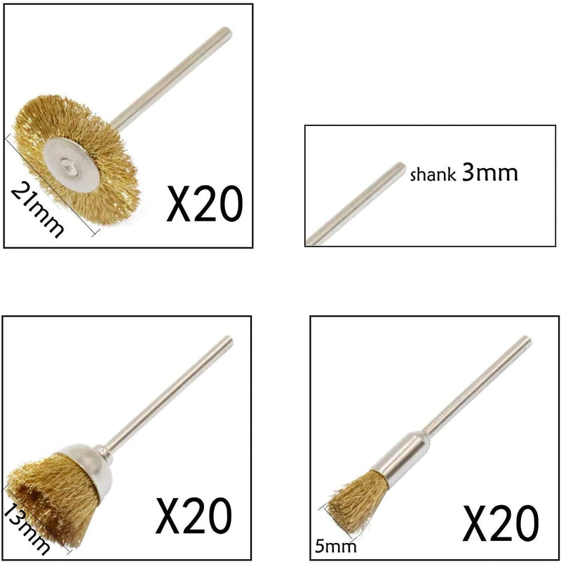Brass Wire Brushes Cup Wheels Polish Cleaning Brush Kit Polishing Attachment Die Grinder Rotary Tools Accessories 3 MM Mandrel 60 Pieces