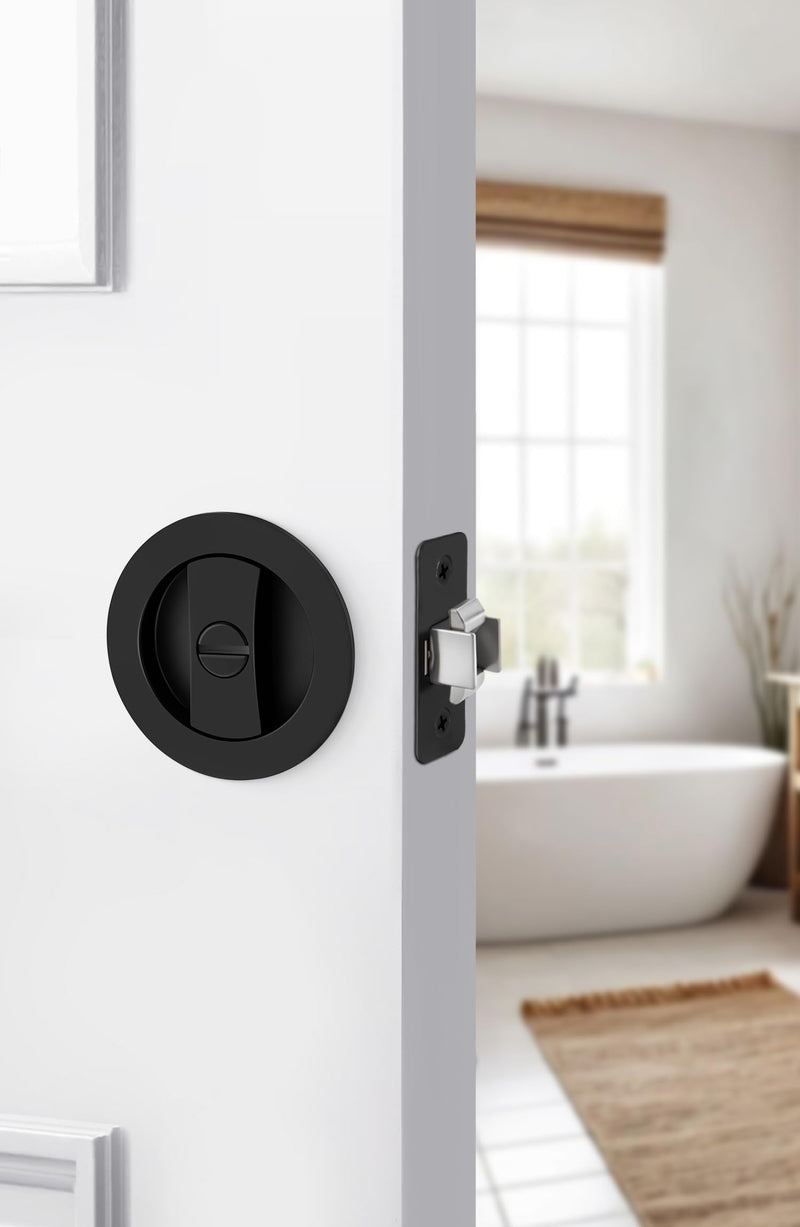 goldenwarm Matte Black Round Pocket Door Lock, Pocket Door Hardware for 2-1/8'' Round Bore Hole, Pocket Door Handles Fit 1-1/4'' to 2'' Thickness Sliding Door 2-3/8'' Latch 1 Pack Classic 1 Pack