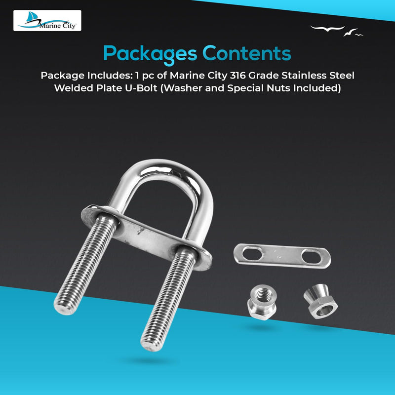 MARINE CITY 316 Stainless Steel U-Bolt with Plate, Nuts & Washer – 4.85" L x 2.25" W, 46mm Center, 8mm Dia, Heavy Duty Corrosion Resistant Deck Hardware for Boat, Marine, Yacht, RV (1 Pack)