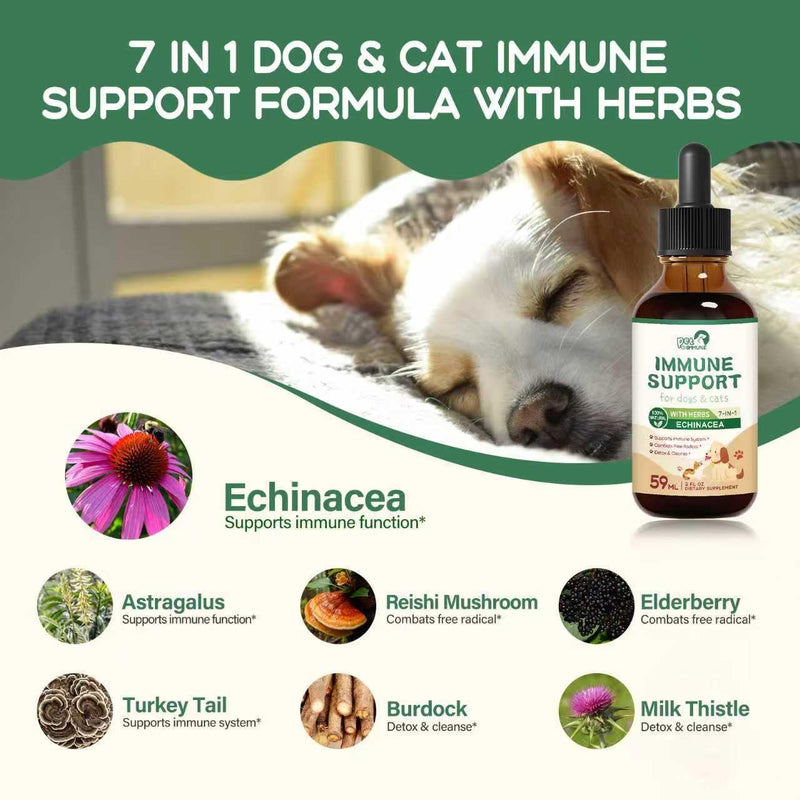 Immune Support for Dogs & Cats Liquid Drops Combats Free Radical, Herbal Supplement Supports Immune System, Detox & Cleanse w/Echinacea Astragalus Burdock Turkey Tail Extract. 2 oz