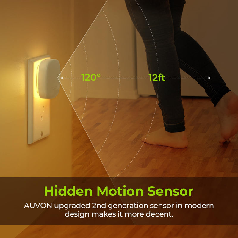 AUVON Plug-in LED Backlit Night Light with Motion Sensor & Dusk to Dawn Sensor, Dimmable Warm White Nightlight with 1-50 lm Adjustable Brightness for Bedroom, Bathroom, Stairs, Hallway (4 Pack) A Warm White
