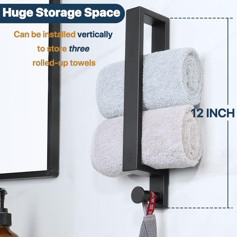 Sayayo Matte Black Towel Bar with Hook, 12 Inch Bathroom Towel Rack Wall Mounted, Hand Towel Ring Holder SUS304 Stainless Steel