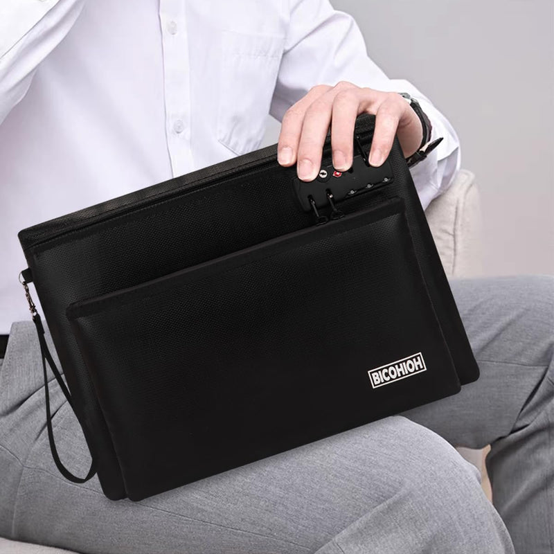 Fireproof Document Bag, Fireproof Money Bag with Lock and Zipper for Cash, FireproofBag Notary Supplies, Fire Safe CashBag Bank Bag (BLACK, Large) BLACK