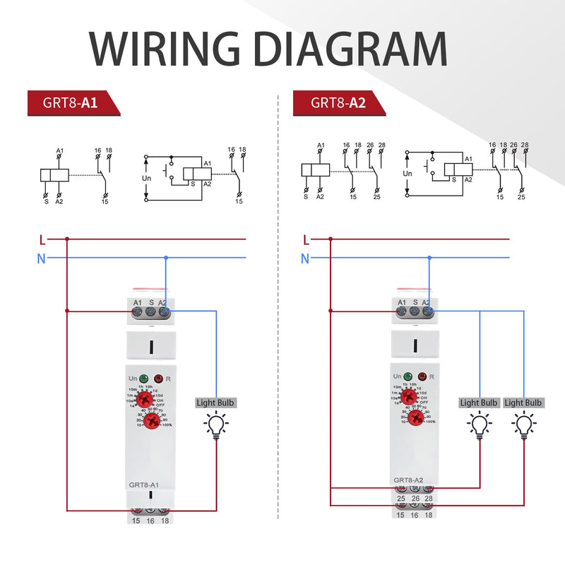 Delay On Time Relay 16A, Delay On Timer Relay GRT8 A1 Voltage Range AC DC 12V to 240V DIN Rail Electronic Relays of Wide Time Delay Range for 0.1 Seconds to 10 Days GRT8-A1 AC/DC 12V-240V