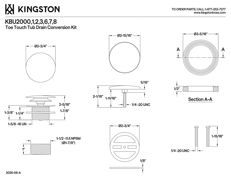 Kingston Brass KBU2008 Eugene Tip-Toe Tub Drain Conversion Kit, Brushed Nickel 2.75 x 2.94 x 2.31