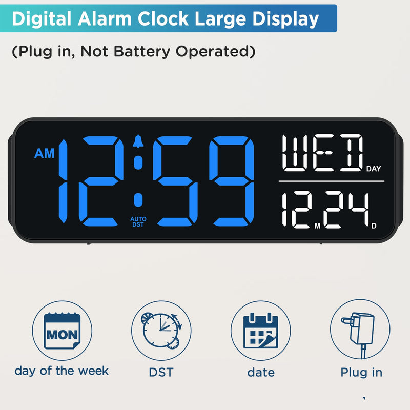 Peakeep Large Display Digital Alarm Clock for Bedrooms, Date Day of Week Calendar Desk Table Clocks for Living Room Office, Dimmable Plug in Electric Clock, 5 Volumes, Loud, Auto DST Blue and White