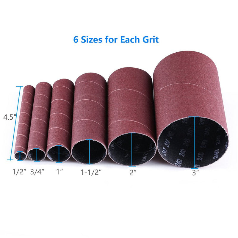 LotFancy Spindle Sander Sleeves, 24PCS Sanding Sleeves for Oscillating Sander, 60 80 120 240 Assorted Grit Sandpaper, 4-1/2” Length, 1/2”, 3/4”, 1”, 1-1/2”, 2”, 3” Diameter 80/120/240Grit,18Pack