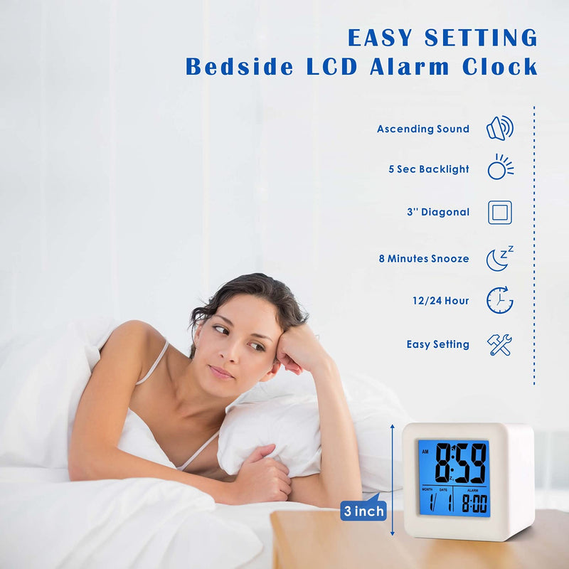 Plumeet Easy to Set Digital Travel Alarm Clock, Snooze Function, Soft Night Light, Large Screen time and Month and Date Display and Alarm, Progressive Sound Alarm and Handy Size (White) White