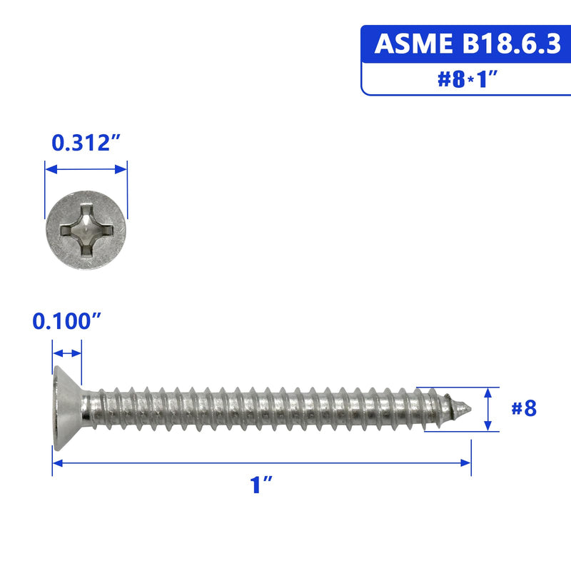 #8 x 1 Flat Head Sheet Metal Screws Phillips Drive Wood Screws, 304 Stainless Steel 18-8, Pack of 100 #8 x 1" Silver