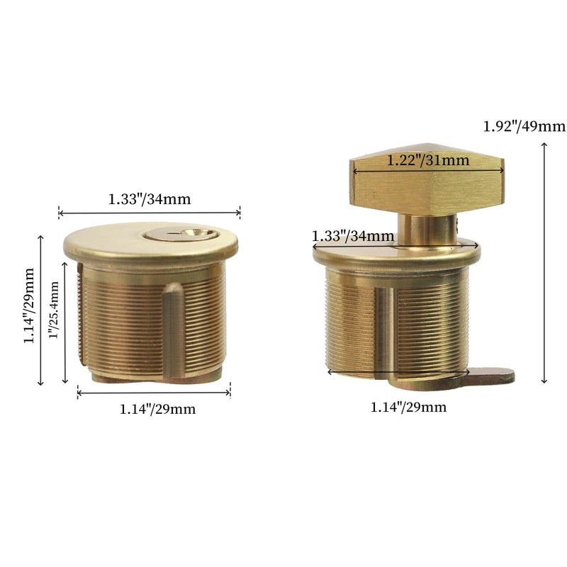 2 Pcs 1" Mortise Lock Cylinder Copper Security Door Locks Front Door and Exterior Gate Lockset Hardware with Keys, Gold