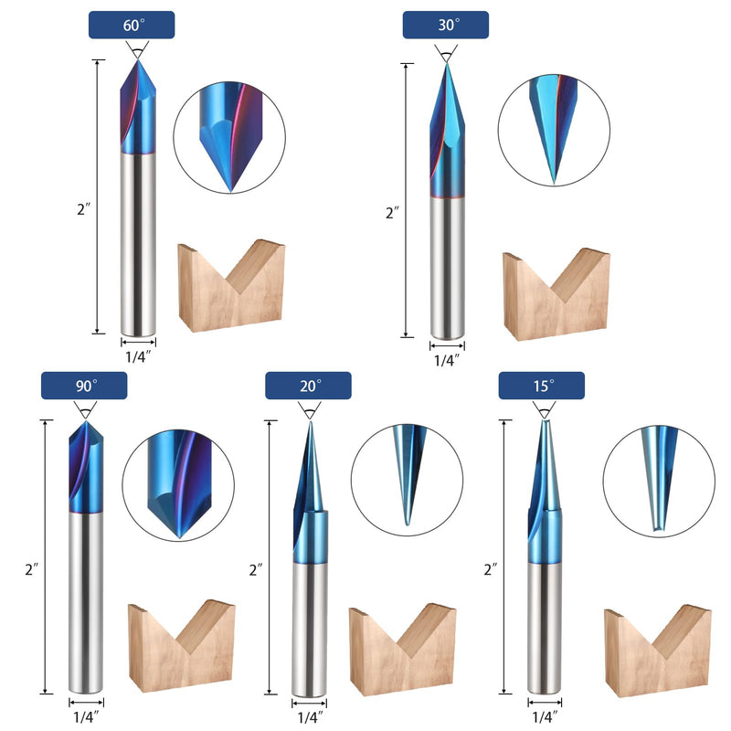 5PCS CNC Wood Carving Router Bits Set 1/4'' Shank, 15°Detail Carving Liner+ 20° Profile bit+30°+60°+ 90°V Groove Router Bit Set with Nano Blue Coating CNC Milling Cutter Engraving Router