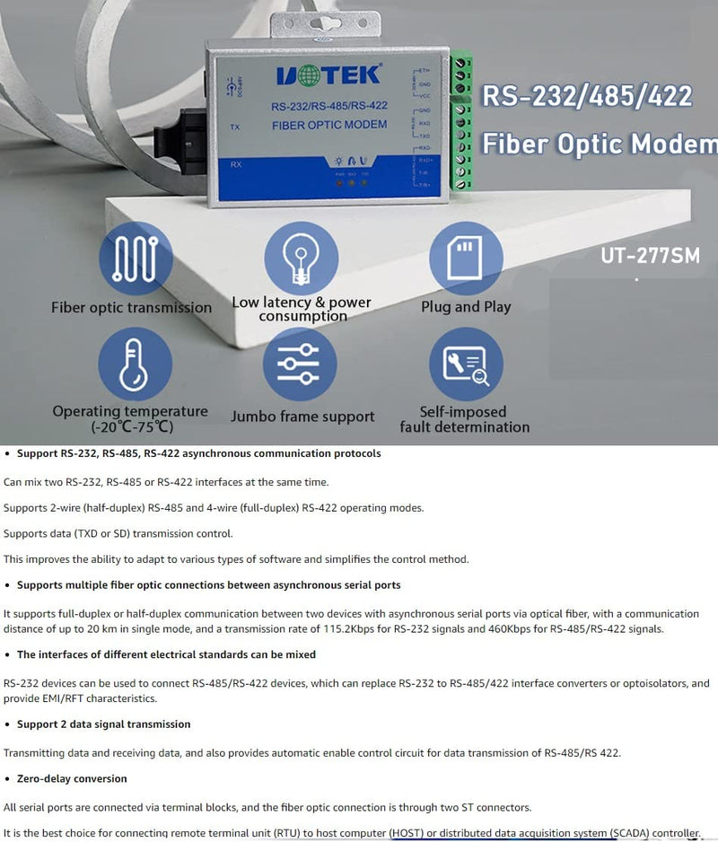 UOTEK UTEK UT-277MM-ST RS-232/422/485 to Optical Fiber Media Converters