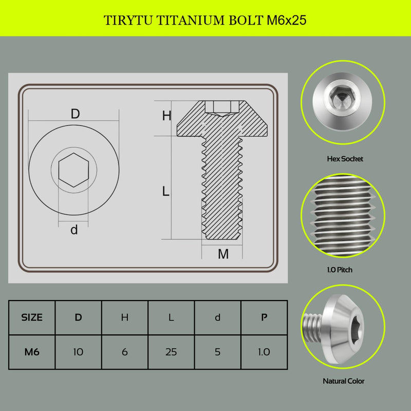 Titanium Bolts M6X25mm, 6PCS, Natural Titanium Color | Lightweight Design, Ideal for Humid/Salty Environments, M6 Hex Screws, For Motorcycle Brake Calipers & Bicycle Brake Systems M6X25