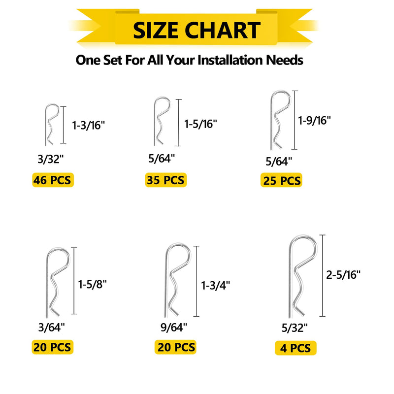 150PCS Cotter Pins, Cotter Pin Hairpin Assortment Kit, R Clip Key Fastener Fitting Set - 6 Sizes Zinc Plated Carbon Steel Hardware Pins for Automotive, Machinery, Lawn Mowers, and DIY Projects 150Pcs R Clips