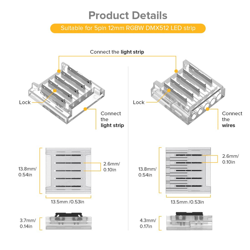 BTF-LIGHTING SMD 5 Pin 12mm 0.47in Width Transparent Connector Kit, 4xGapless Solderless 8pcs Corner Connectors,4pcs 5.9in Long 22AWG Extension Wires,Support 5050 SMD RGBW LED Strip Multi Function Connector
