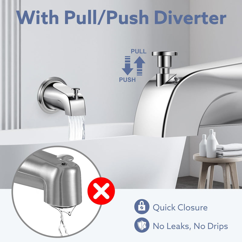 Tub Spout with Diverter, Slip-Fit Bathtub Faucet Replacement for 1/2" Copper Pipe, Includes Metal Cover Ring (Chrome) Chrome