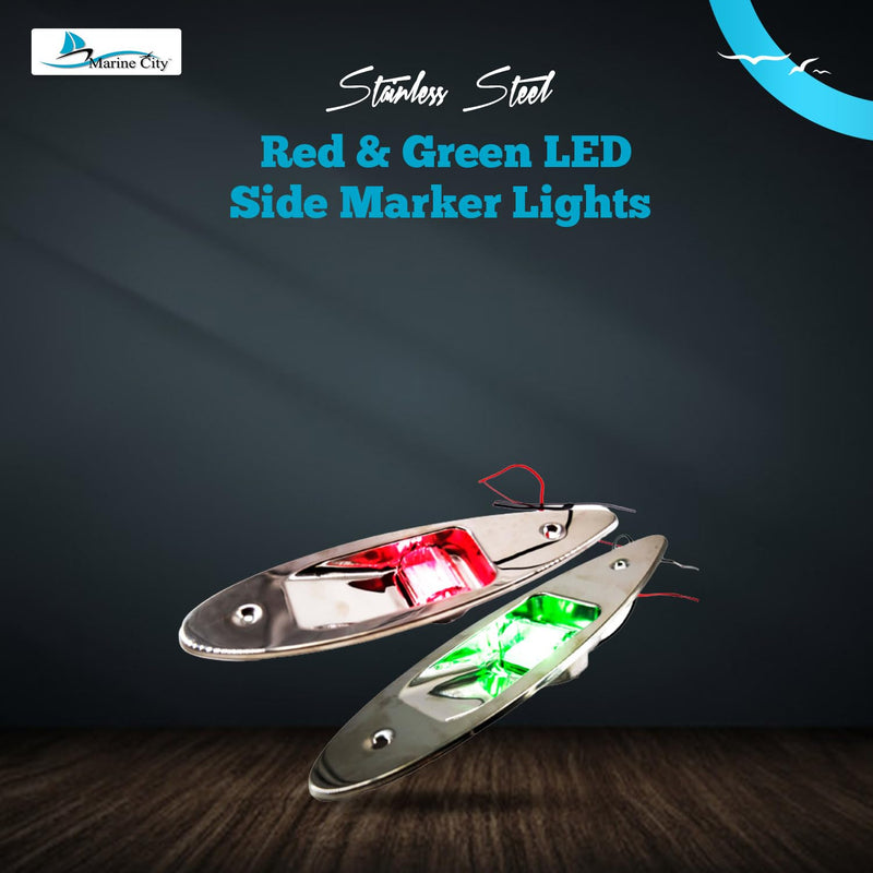 MARINE CITY 12V Flush Mount LED Navigation Lights - Red & Green, Stainless Steel, Waterproof for Boats, Yachts (Pack of 2)