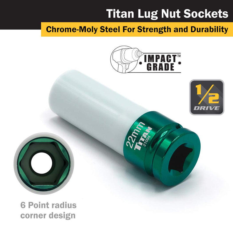 Titan 21094 1/2-Inch Drive x 22mm Non-marring Impact Deep Lug Nut Socket